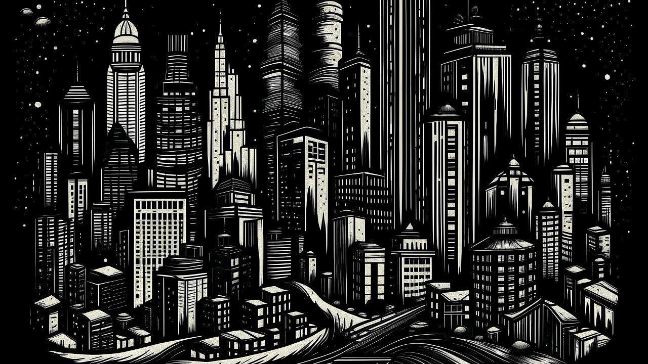 the-image-depicts-a-stylized-minimalist-line-art-illustration-of-a-modern-city-skyline