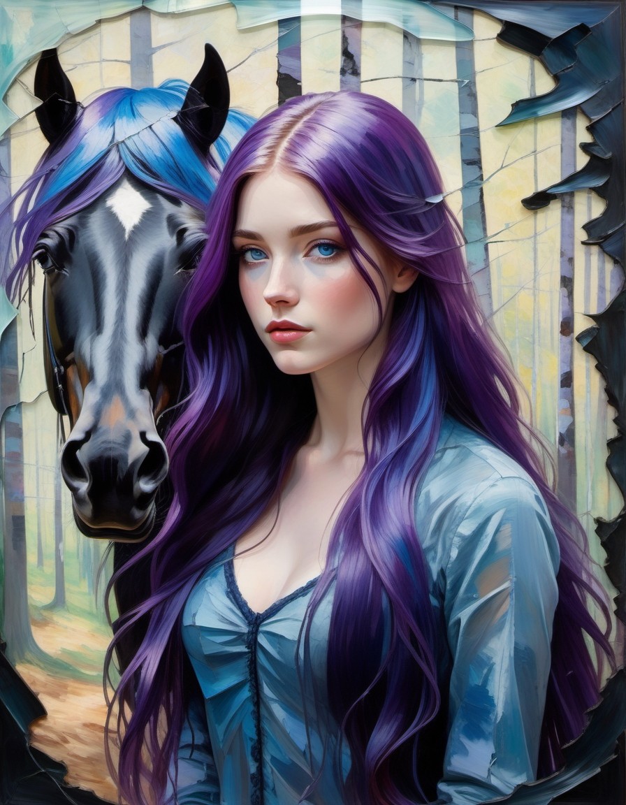 purple-haired-woman-with-horse-by-cracked-glass-in-forest