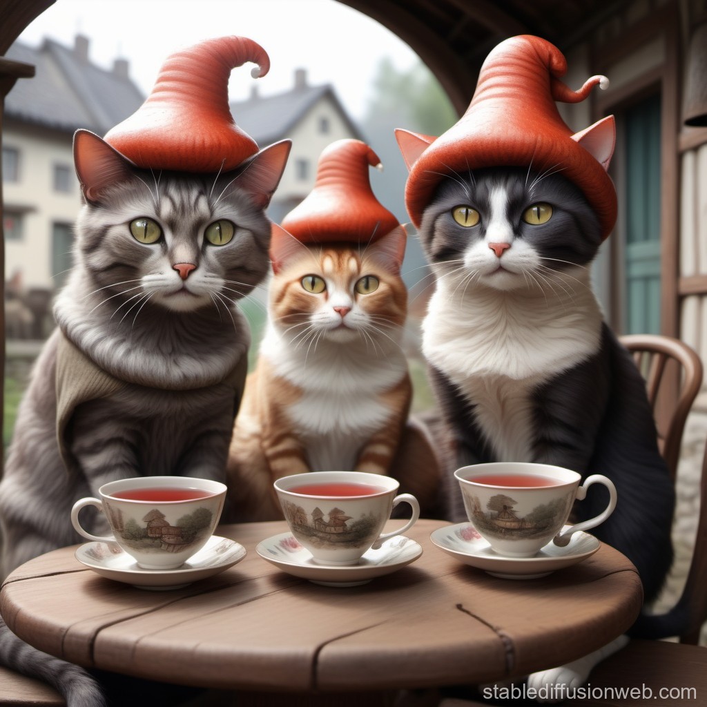 photorealistic-cat-village-tea-time-with-mushroom-hats