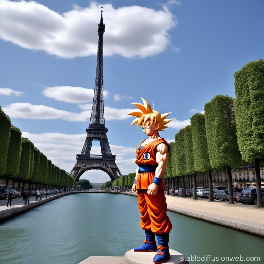 goku-sitting-on-eiffel-tower-in-paris-france-with-red-shirt