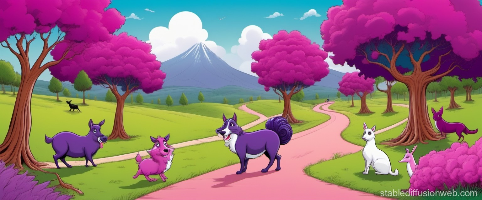 animated-landscape-with-pink-and-purple-hues-central-path-trees-and-animals