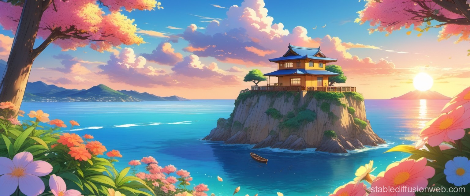 sunset-marine-landscape-with-flowers-and-cottage
