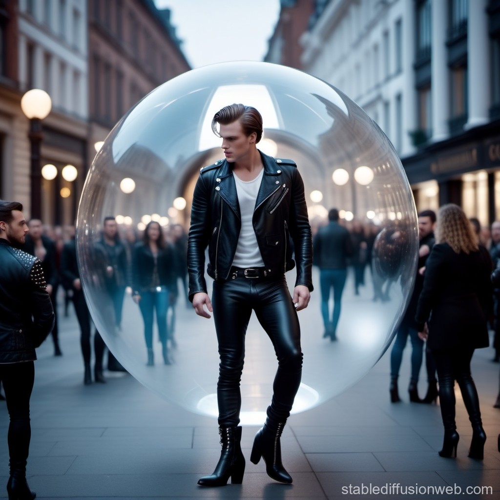 man-in-glass-ball-surrounded-by-city-crowd