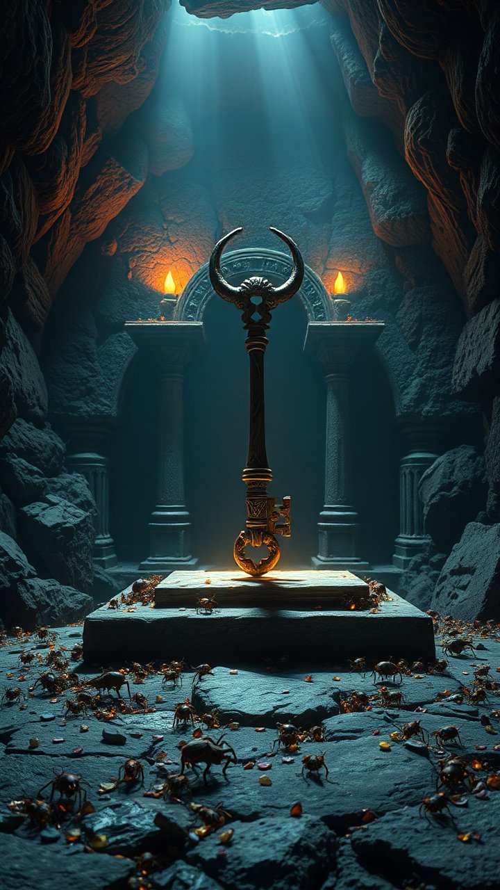 ancient-glowing-key-on-a-ruined-altar