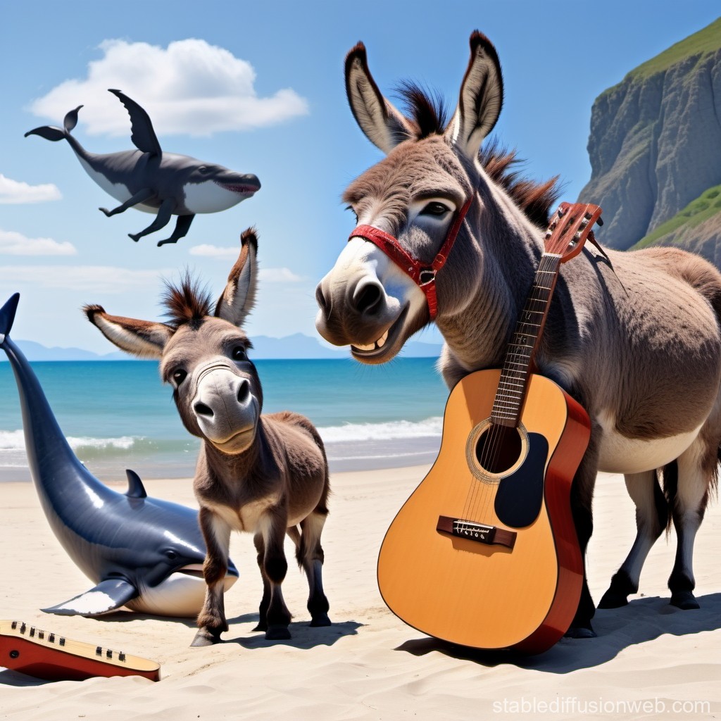 angry-donkey-and-whale-with-guitar-on-beach