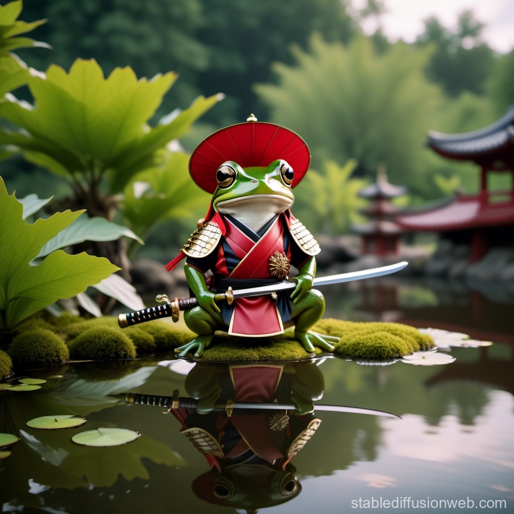 samurai-frog-in-red-armor-with-katana-and-conehat-on-oakstem-in-pond