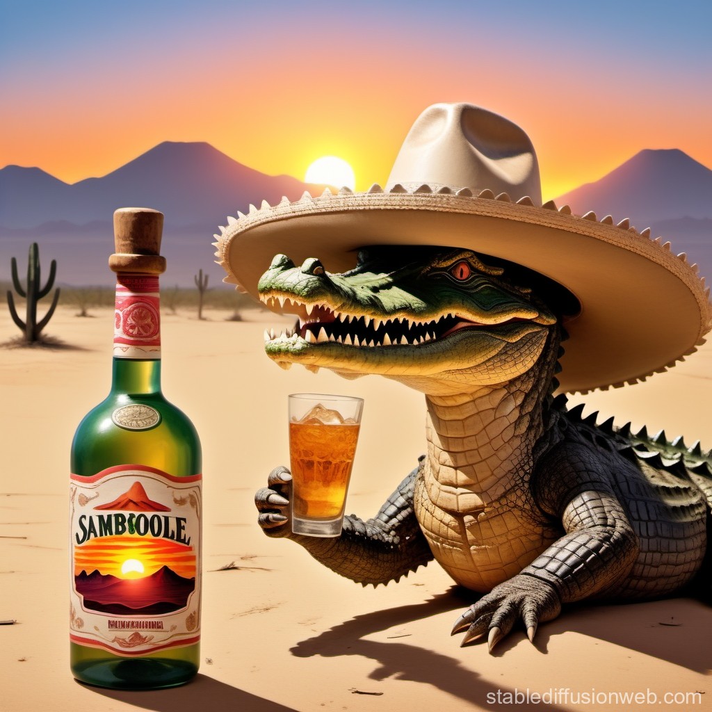 crocodile-in-sombrero-with-tequila-at-sunset